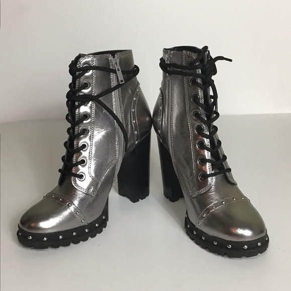 ALDO Silver Metallic Lace Up Military Leather Ankle Boots Isidro Sz 6/36 EU EUC - Picture 6 of 8